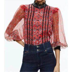 Alice + Olivia Bettina Blouson Sheer Sleeve Blouse Allure Medallion XS